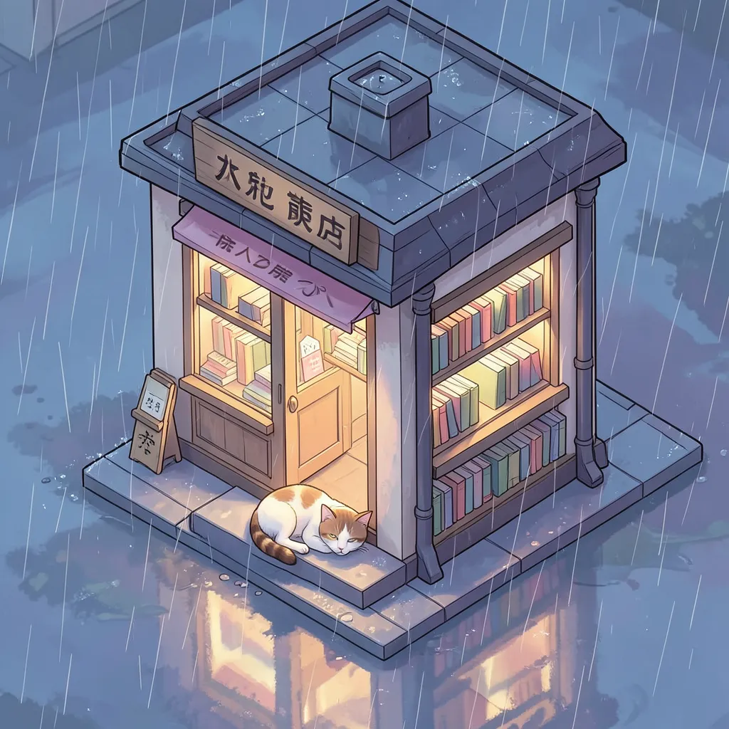 Isometrische Buchhandlung im Regen, erzeugt mit FLUX.2 Klein