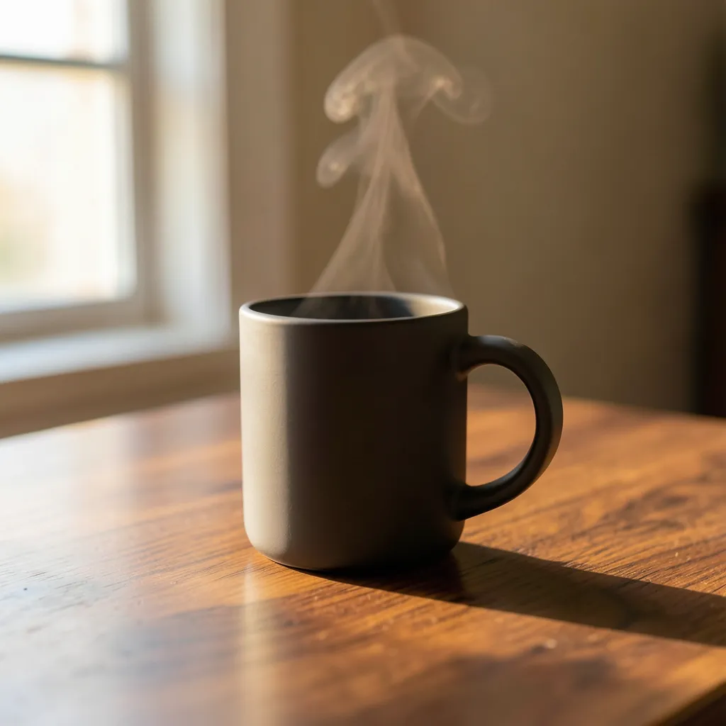 Kaffeetasse auf einem Walnusstisch, erzeugt mit FLUX.2 Klein auf deAPI