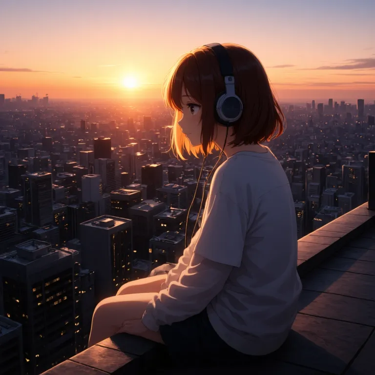 Anime-Mädchen mit Kopfhörern auf einem Dach bei Sonnenuntergang, erzeugt mit Z-Anime